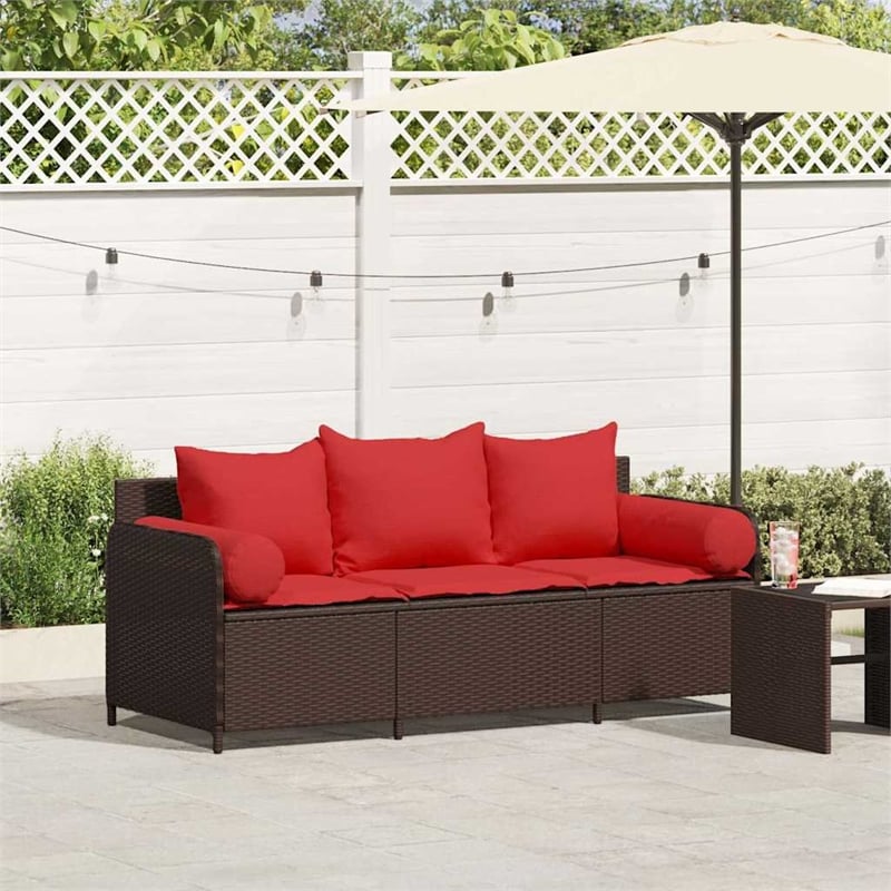 Afuera Living 3-Seater Patio Sofa with Cushions in Red and Poly Rattan in Brown