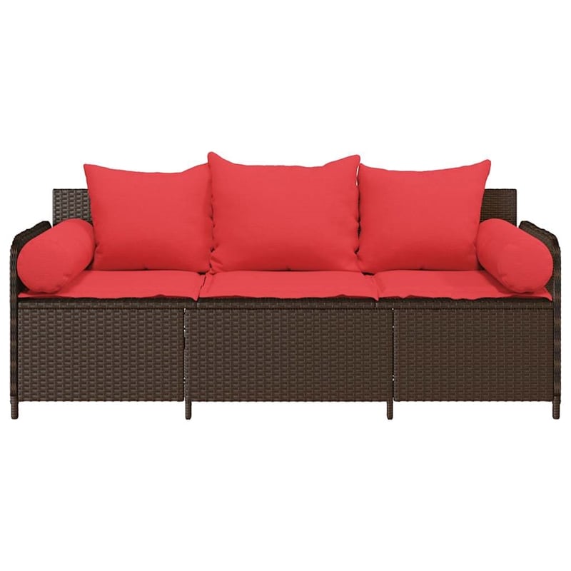 Afuera Living 3-Seater Patio Sofa with Cushions in Red and Poly Rattan in Brown