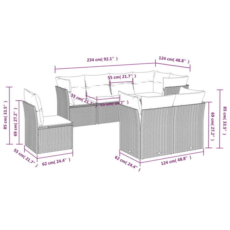 Afuera Living Contemporary 8 Piece Steel Medium Sofa Set in Gray