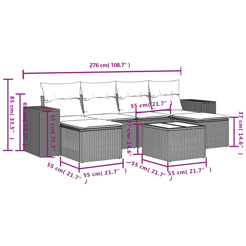 Afuera Living Contemporary 7 Piece Steel Large Sofa Set in Black