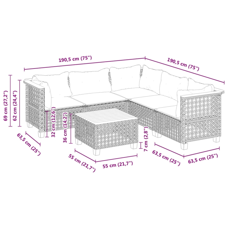 Afuera Living Contemporary 6 Piece Solid Acacia Wood Sofa Set in Gray