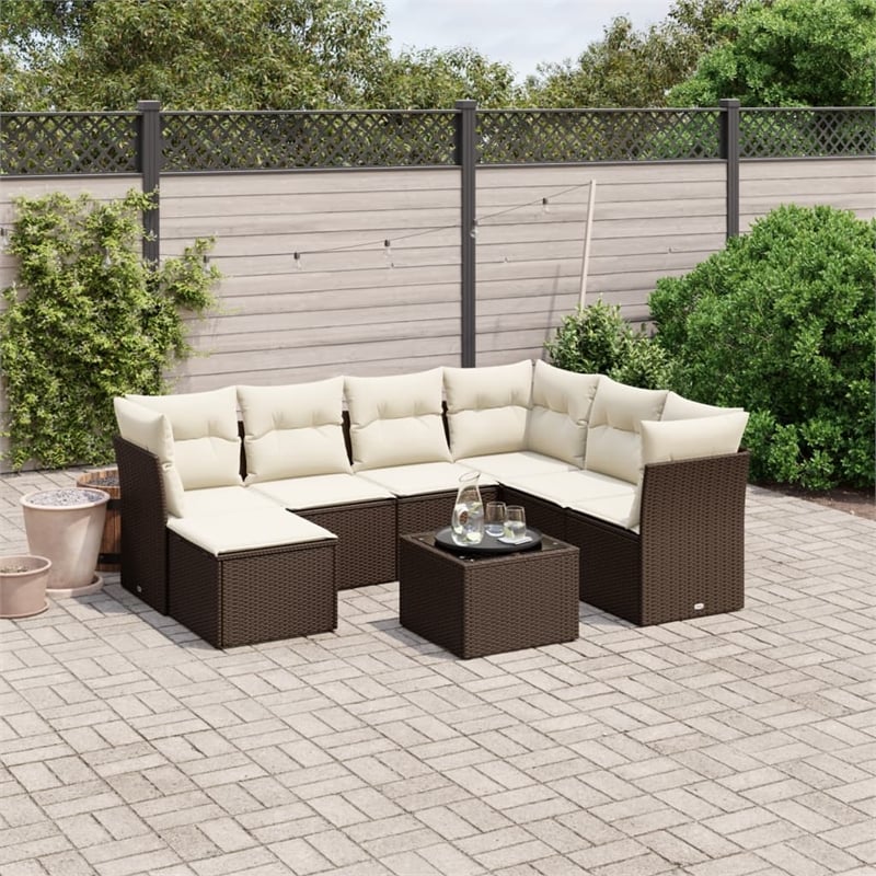 Afuera Living Contemporary Synthetic Poly Rattan 8 Piece Sofa Set in Brown