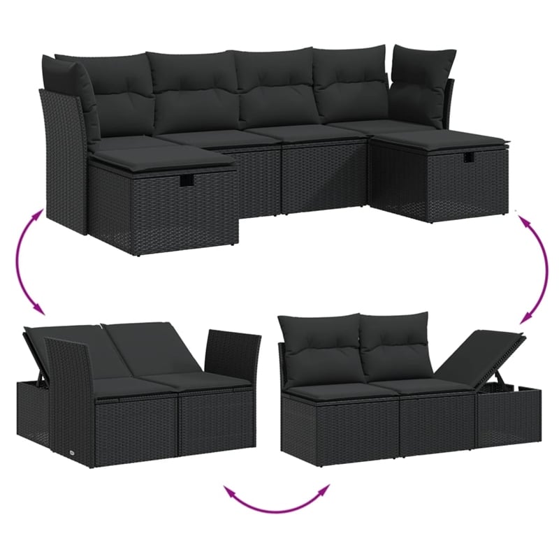 Afuera Living Contemporary Synthetic Poly Rattan 6 Piece  Sofa Set in Black