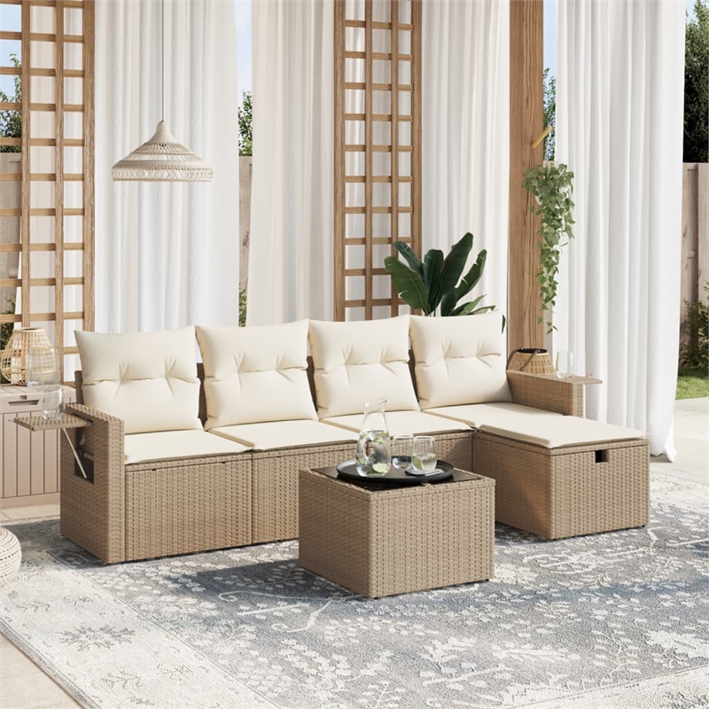 Afuera Living Contemporary Synthetic Poly Rattan 6 Piece Sofa Set in Black/Beige