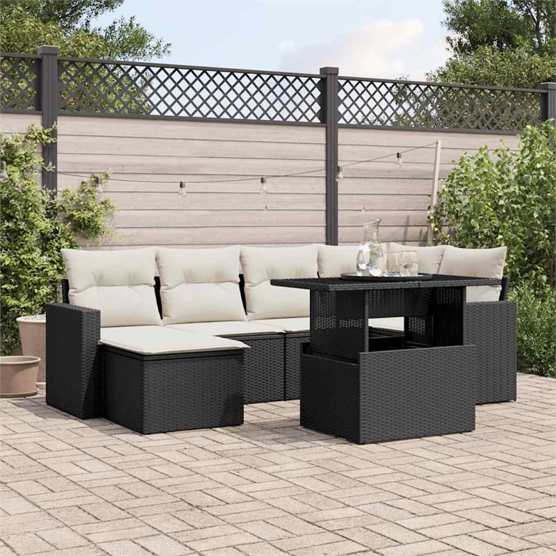 Afuera Living Contemporary Synthetic Poly Rattan 7 Piece Sofa Set in Black/Cream