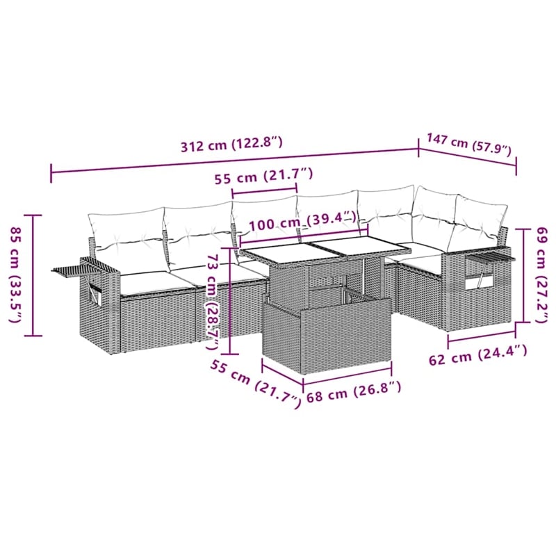 Afuera Living Contemporary Synthetic Poly Rattan 7 Piece Sofa Set in Black/Cream