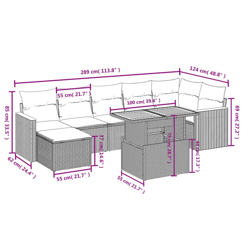Afuera Living Contemporary 8 Piece Steel Sofa Set in Black/Cream