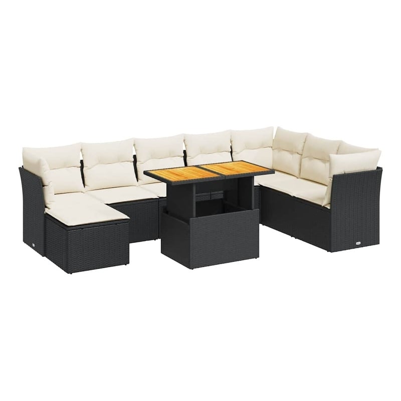 Afuera Living Contemporary Synthetic Poly Rattan 9 Piece Sofa Set in Black/Cream
