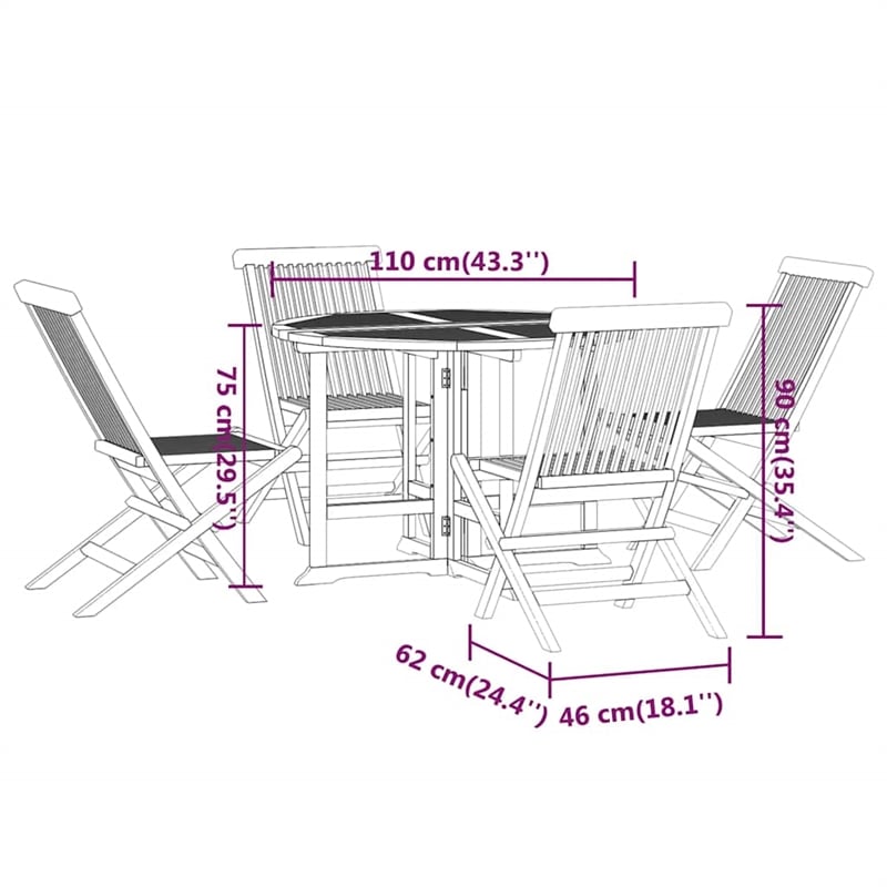 Afuera Living Solid Teak Wood Medium Foldable Outdoor Dining Set in Brown