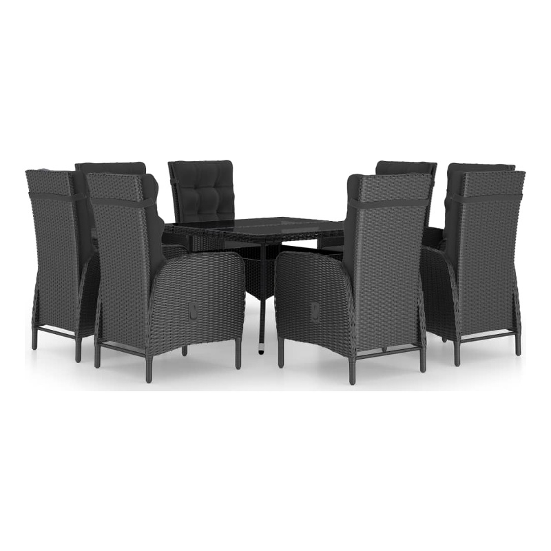 Afuera Living Garden Dining Set in Black Poly Rattan/Steel/Glass/Fabric