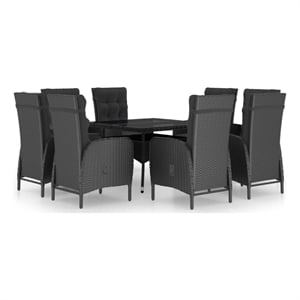 Afuera Living Garden Dining Set in Black Poly Rattan/Steel/Glass/Fabric