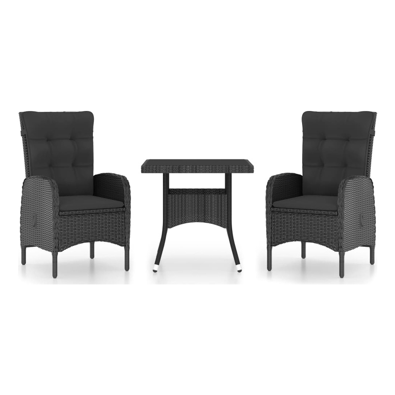 Afuera Living Garden Dining Set in Black Poly Rattan/Steel/Glass/Fabric