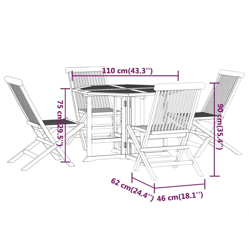 Afuera Living Solid Teak Wood Compact Foldable Outdoor Dining Set in Brown
