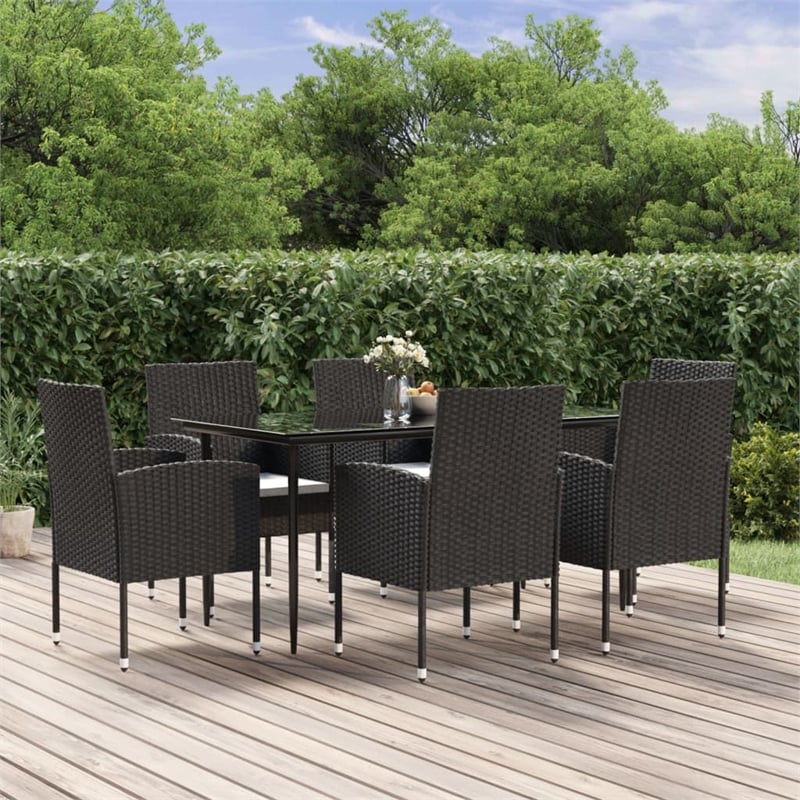 Afuera Living Garden Dining Set Table in Black/Cushions Cream White