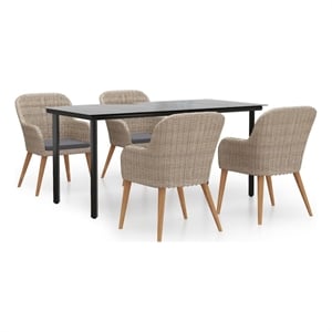 Afuera Living Dining Set Table in Black/Chairs in Brown/Cushions in Dark Gray