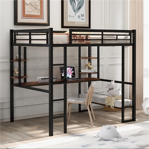 Afuera Living Full Size Loft Metal & MDF Bed with Desk and Shelves in Black