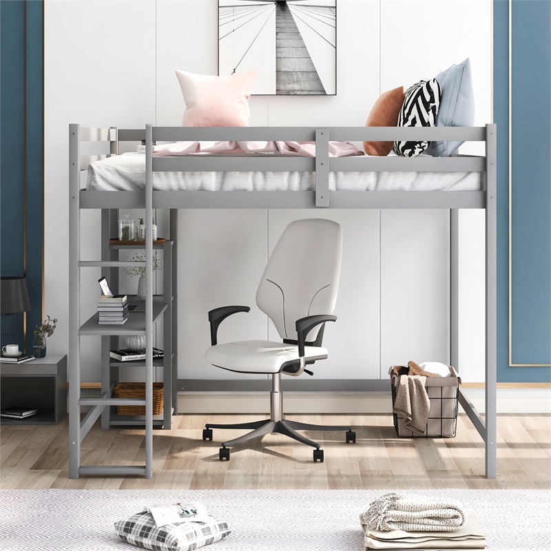 Afuera Living Full Size Wood Loft Bed with Built-In Desk & Shelves in Gray