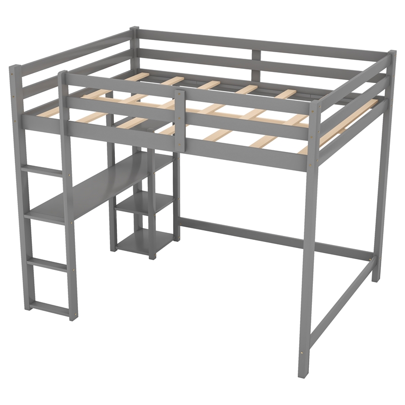 Afuera Living Full Size Wood Loft Bed with Built-In Desk & Shelves in Gray