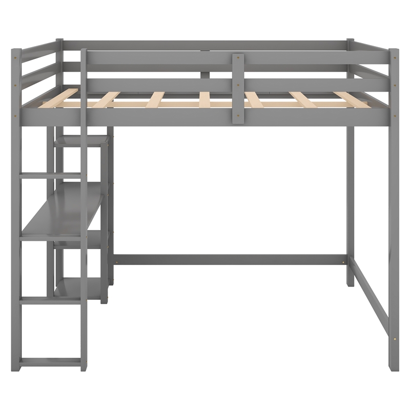 Afuera Living Full Size Wood Loft Bed with Built-In Desk & Shelves in Gray