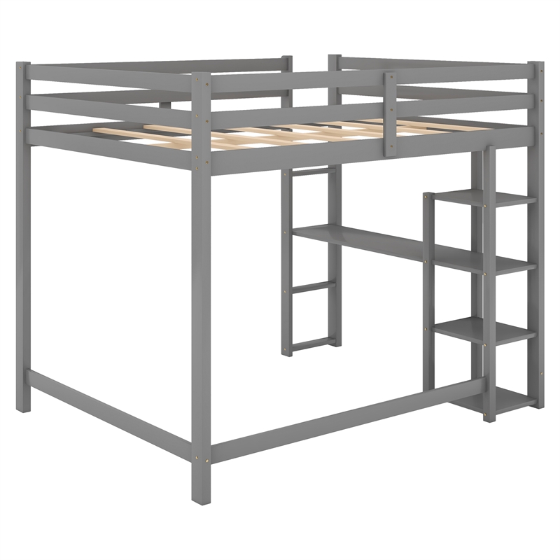 Afuera Living Full Size Wood Loft Bed with Built-In Desk & Shelves in Gray