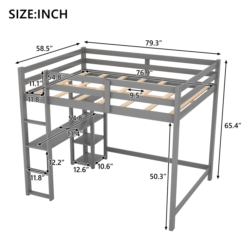 Afuera Living Full Size Wood Loft Bed with Built-In Desk & Shelves in Gray