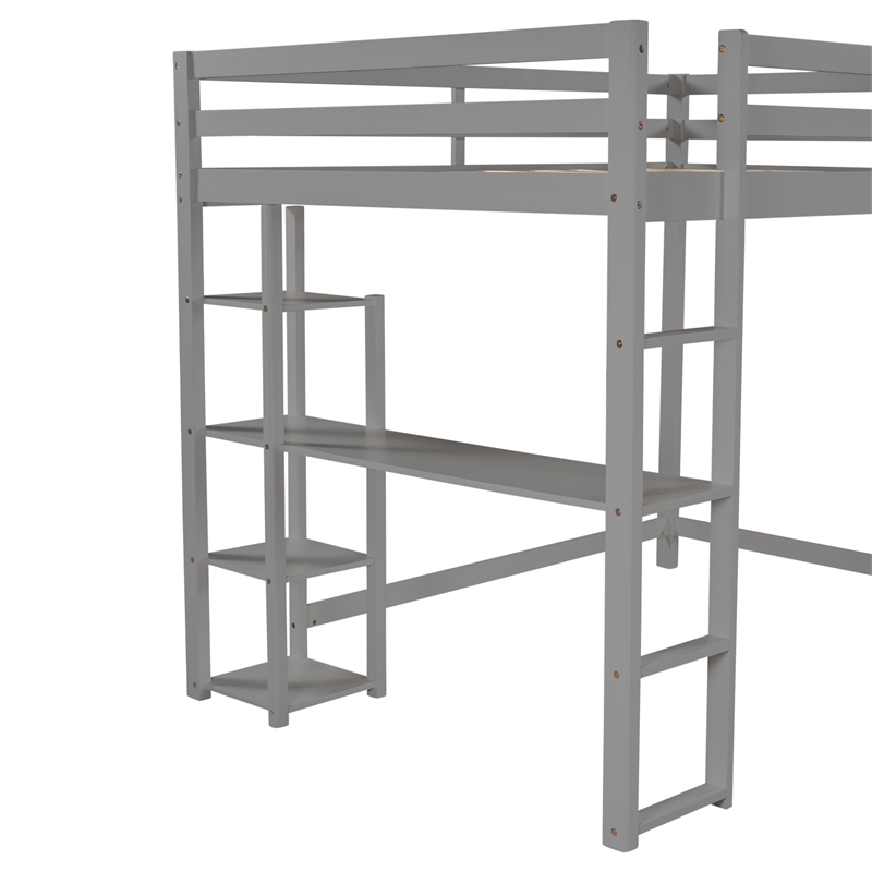 Afuera Living Full Size Wood Loft Bed with Built-In Desk & Shelves in Gray