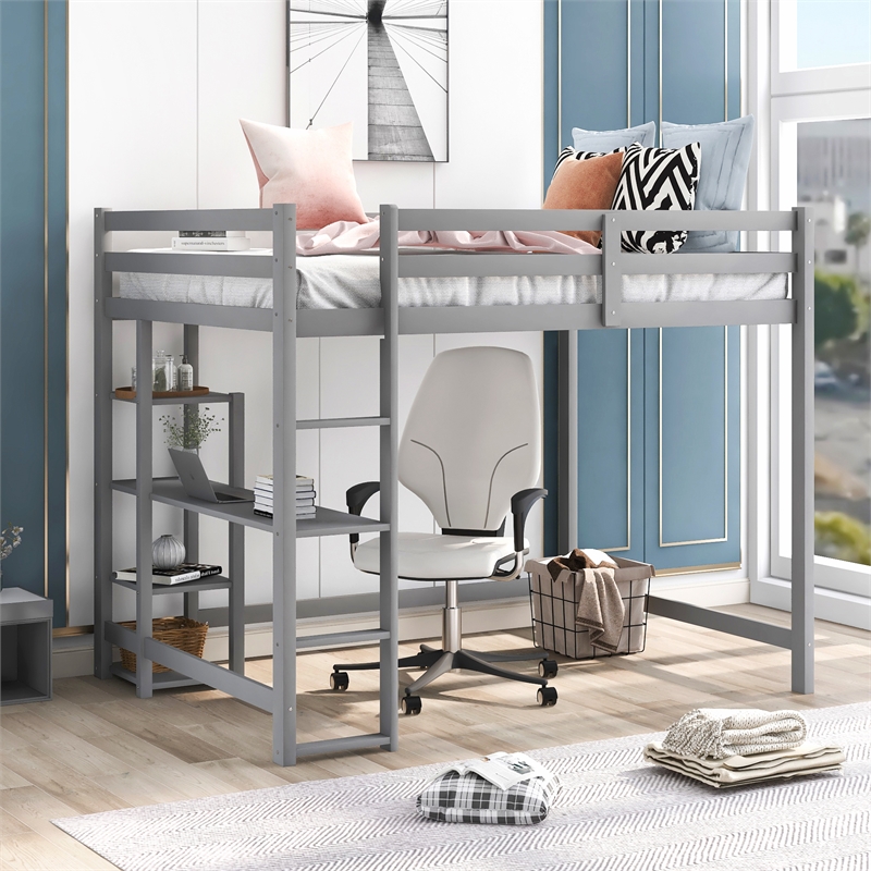 Afuera Living Full Size Wood Loft Bed with Built-In Desk & Shelves in Gray