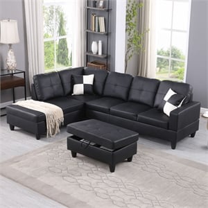 Afuera Living Black Faux Leather 3-Piece Living Room Sofa Set with Storage