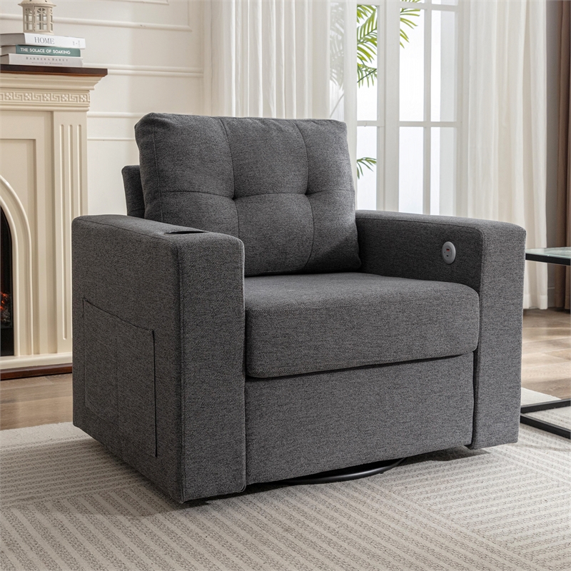 Afuera Living Gray Velvet Swivel Sofa Chair with USB Charging Port