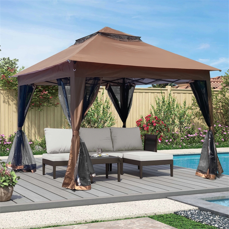 Afuera Living Outdoor Pop-Up Pavilion Canopy with Detachable Mesh in Brown