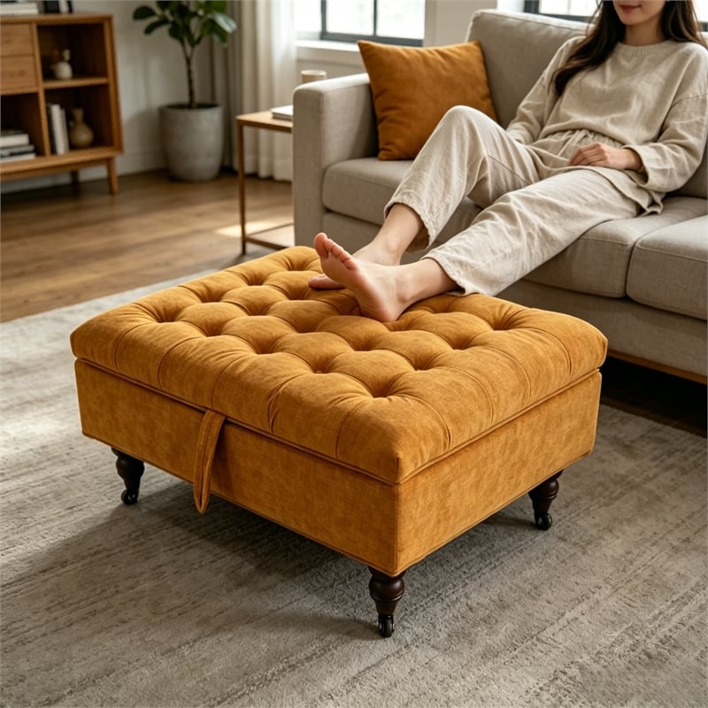 Afuera Living Yellow Chenille 33.46-Inch Square Storage Ottoman on Wheels