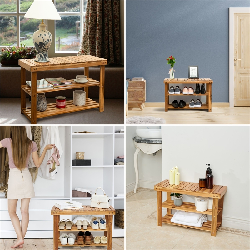 Afuera Living Acacia Wood 2-Tier Shoe Rack Bench 27.6x11x17.8 Inches