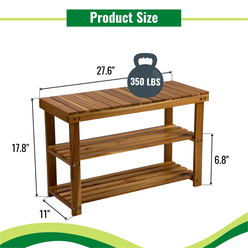 Afuera Living Acacia Wood 2-Tier Shoe Rack Bench 27.6x11x17.8 Inches