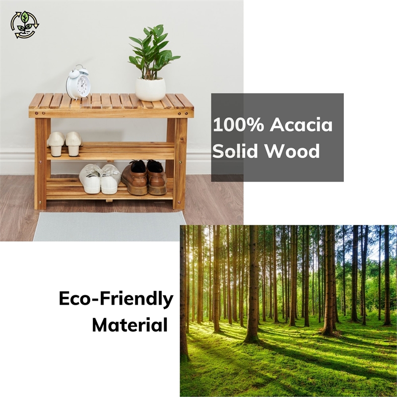 Afuera Living Acacia Wood 2-Tier Shoe Rack Bench 27.6x11x17.8 Inches