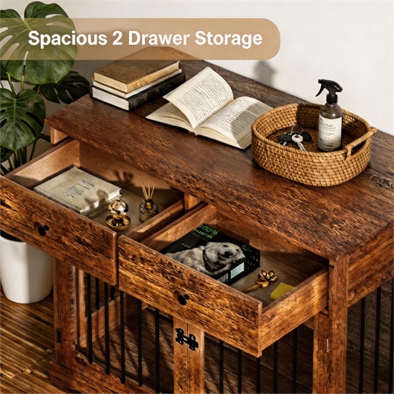 Afuera Living 40-Inch Brown Dog Crate End Table with 2 Drawers & 200 lbs Top