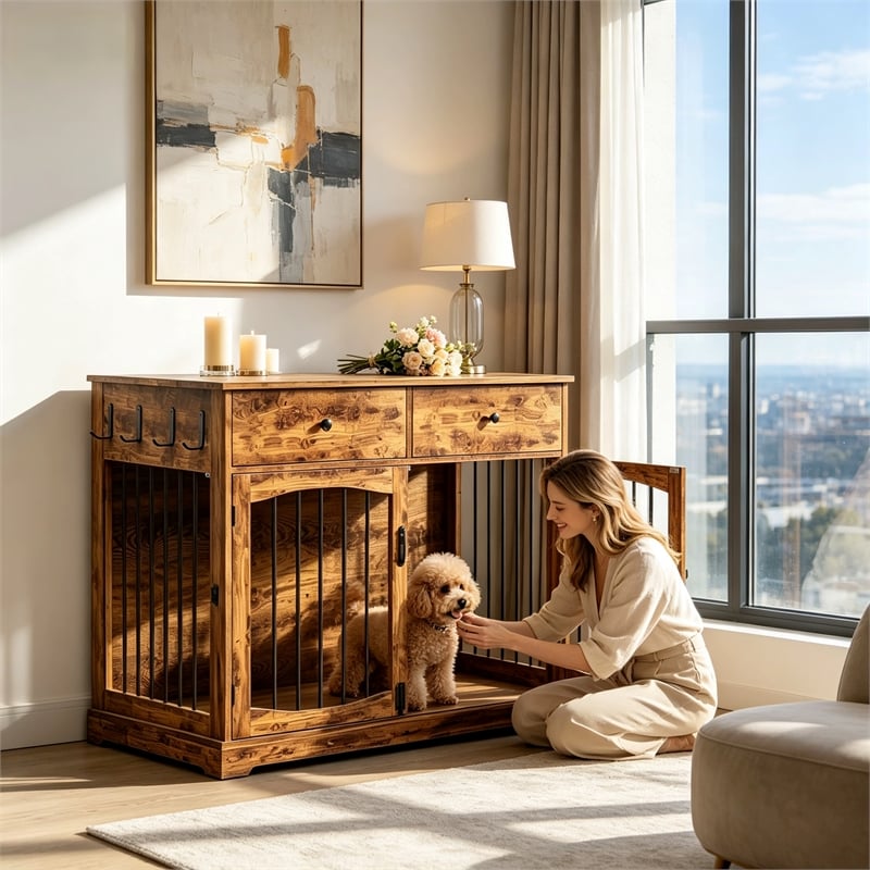 Afuera Living 40-Inch Brown Dog Crate End Table with 2 Drawers & 200 lbs Top