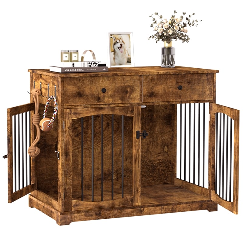 Afuera Living 40-Inch Brown Dog Crate End Table with 2 Drawers & 200 lbs Top