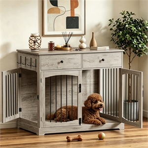 Afuera Living 40&quot Gray Dog Crate End Table with 2 Drawers & 220 lbs Interior