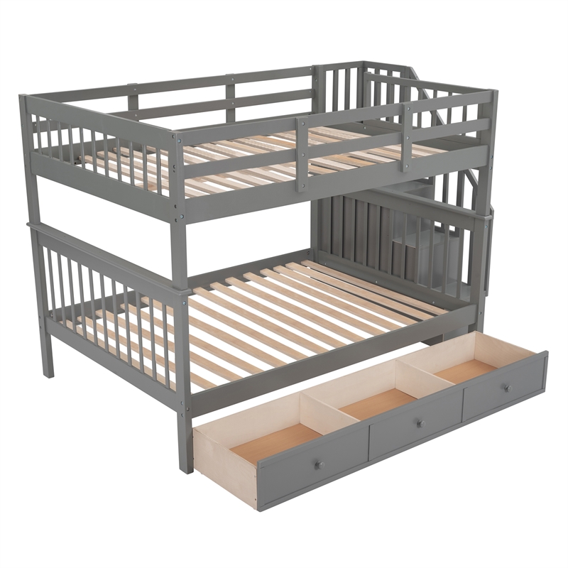 Afuera Living Full-Over-Full Bunk Bed with Stairway Drawer Storage in Gray