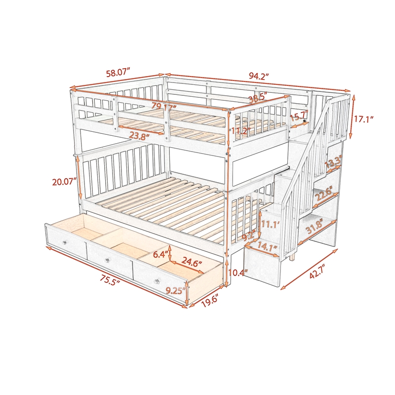 Afuera Living Full-Over-Full Bunk Bed with Stairway Drawer Storage in Gray