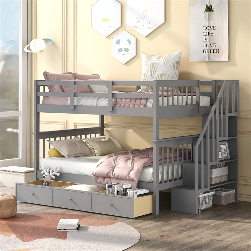 Afuera Living Full-Over-Full Bunk Bed with Stairway Drawer Storage in Gray