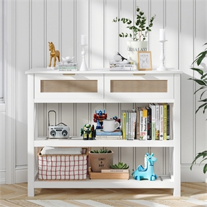 Afuera Living 39.3&quot White Console Table with 2 Rattan Drawers & Open Shelves