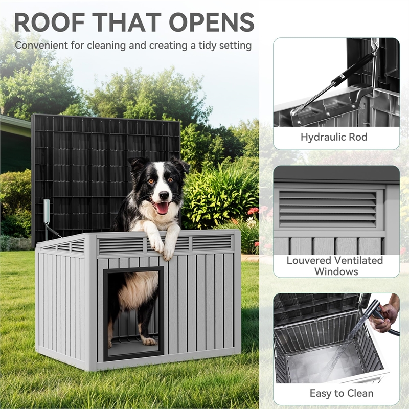 Afuera Living Wood-Grain Dog House with Lockable Latch in Gray