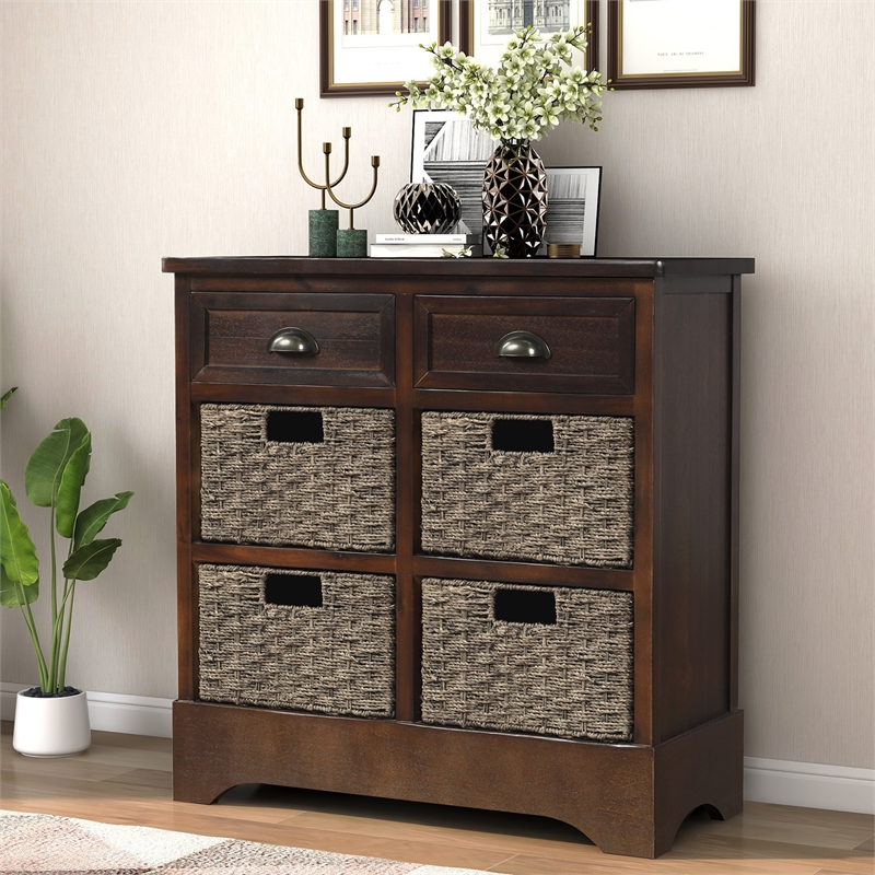 Afuera Living Acacia Wood Storage Cabinet with 2 Drawers & 4 Rattan Baskets