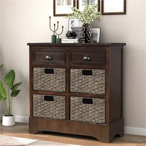 Afuera Living Acacia Wood Storage Cabinet with 2 Drawers & 4 Rattan Baskets