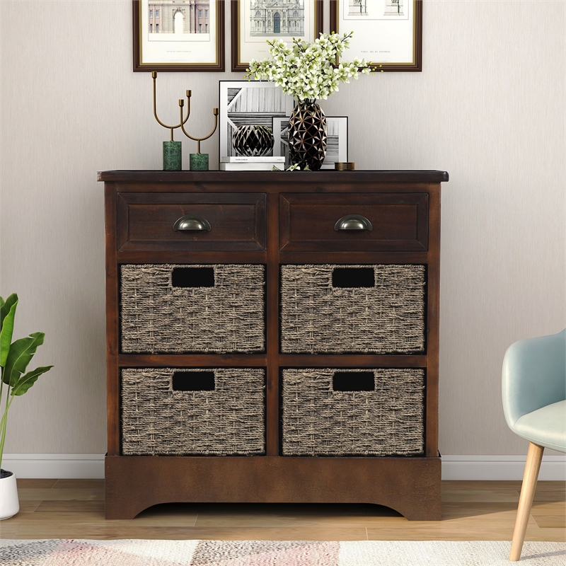 Afuera Living Acacia Wood Storage Cabinet with 2 Drawers & 4 Rattan Baskets
