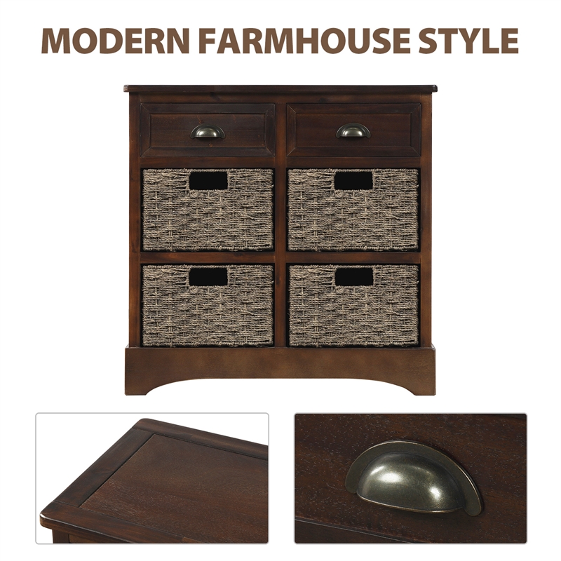 Afuera Living Acacia Wood Storage Cabinet with 2 Drawers & 4 Rattan Baskets
