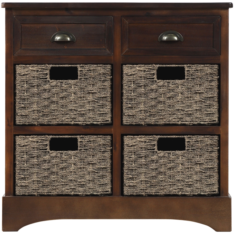Afuera Living Acacia Wood Storage Cabinet with 2 Drawers & 4 Rattan Baskets