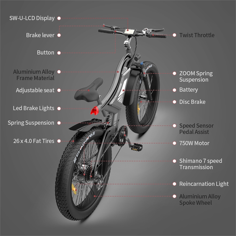 Afuera Living 26-Inch 750W Fat Tire Electric Bike 48V 15Ah 3 Riding Modes