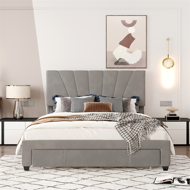 Afuera Living Queen Velvet Platform Bed with Storage Drawer 500 lbs Capacity